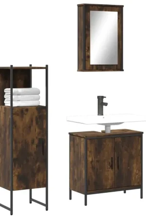Set Mobili da Bagno 3 pz Rovere Fumo in Legno Multistrato Esclusivo