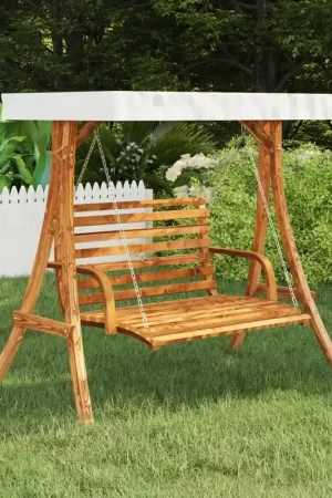 A Buon Prezzo Altalena con Tetto Crema Legno Massello Ricurvo Finitura in Teak 313937