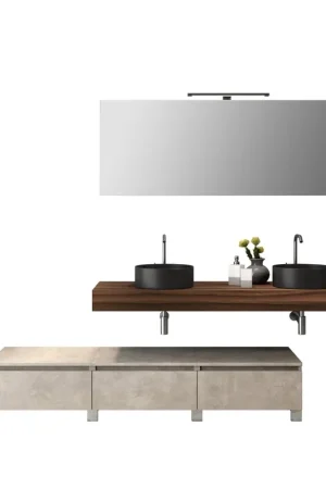 Saldi Composizione doppio lavabo 9 pezzi ASTRA noce/avana pietra